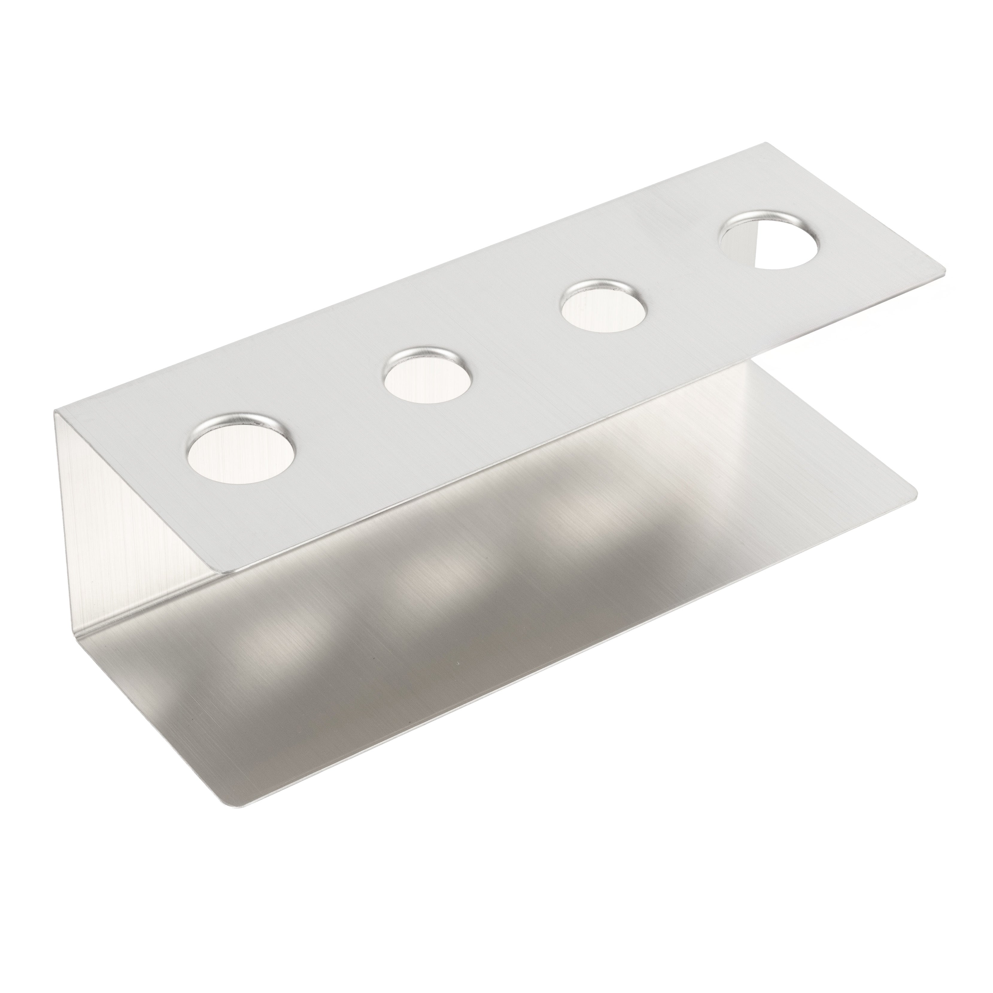 Sleek metal bracket with four circular holes, angled in an L-shape. The brushed stainless steel finish gives it a modern and industrial look.