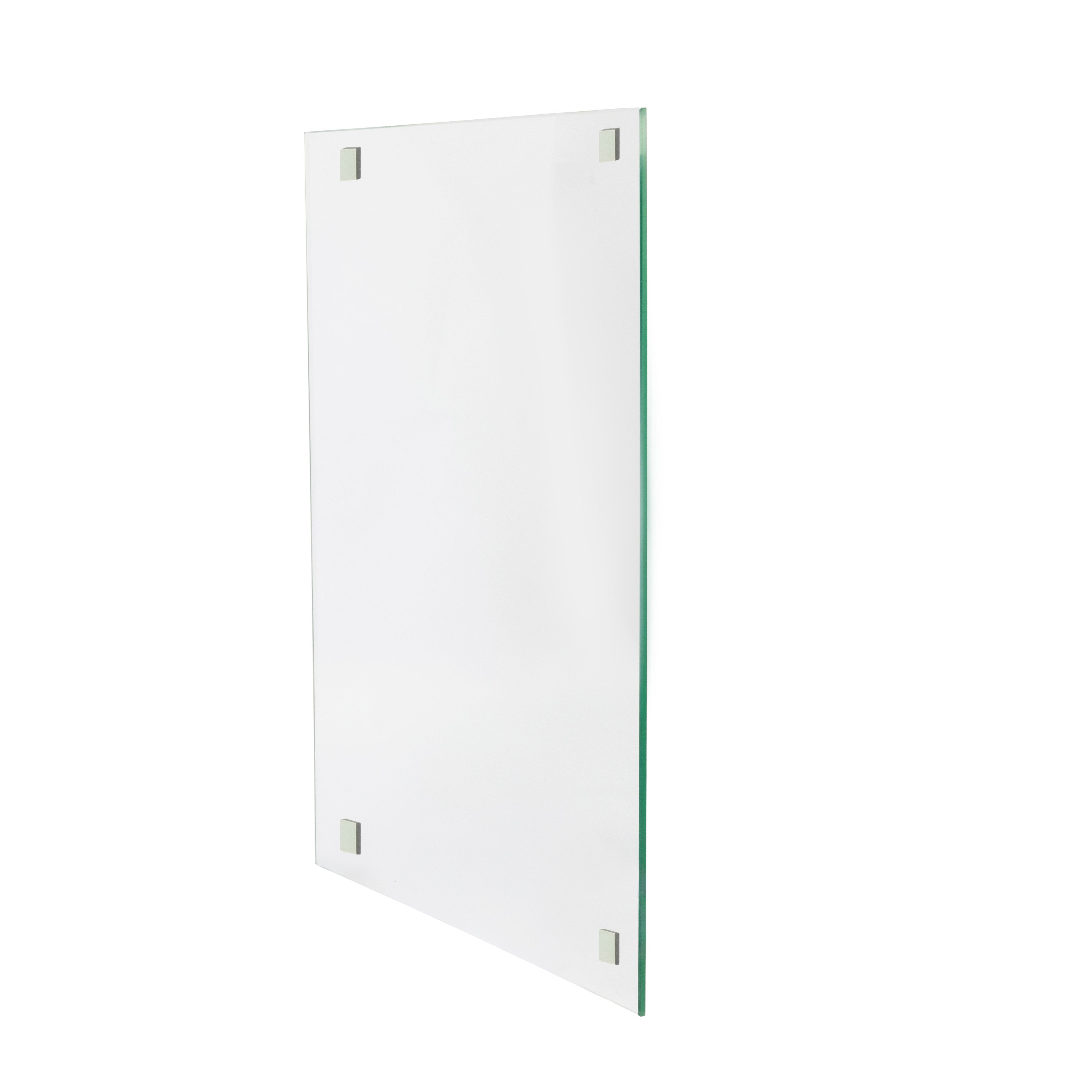 Clear glass panel with smooth edges and four square metal mounts in each corner, set against a plain white background, conveys modern simplicity.