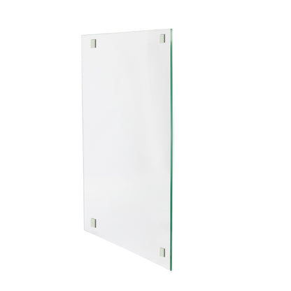 Clear glass panel with smooth edges and four square metal mounts in each corner, set against a plain white background, conveys modern simplicity.