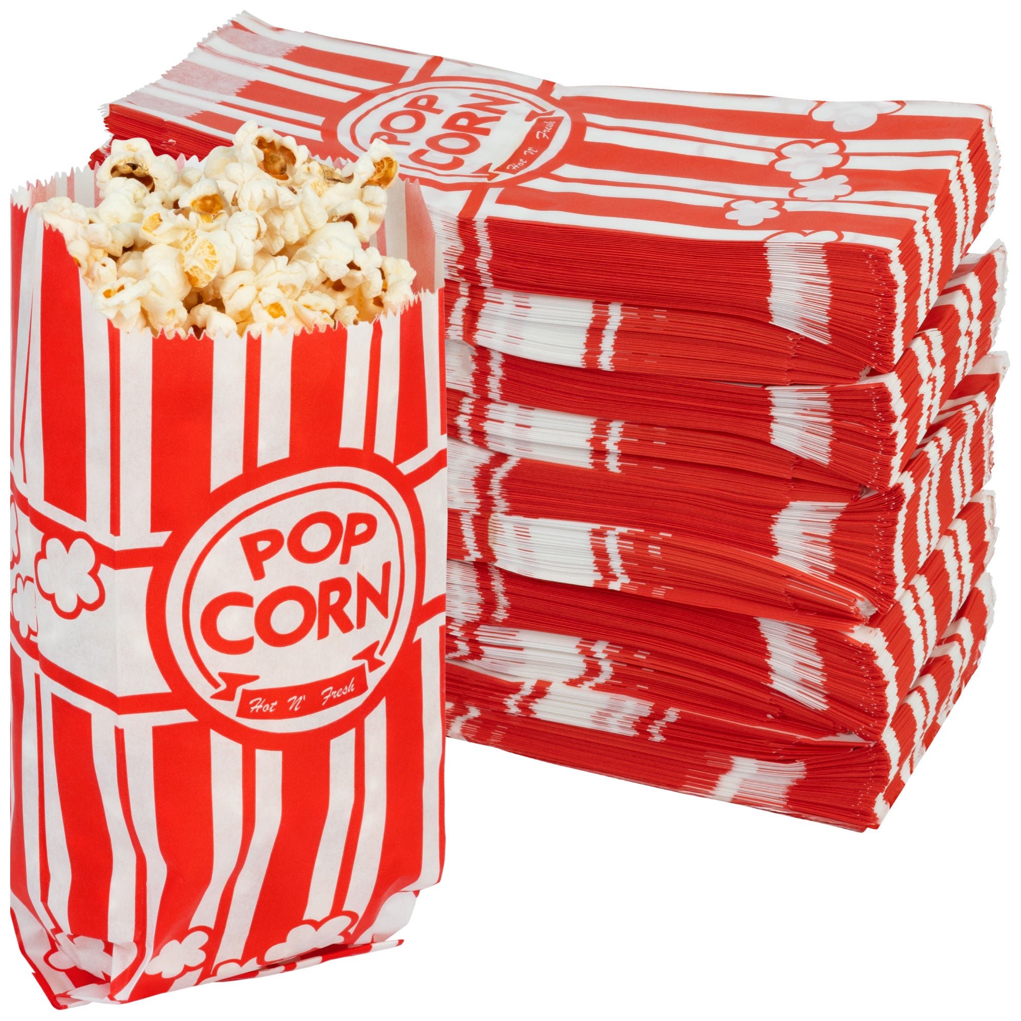 Red and white striped popcorn bag filled with popcorn stands beside stacked empty bags. The scene evokes a fun, classic movie theater vibe.