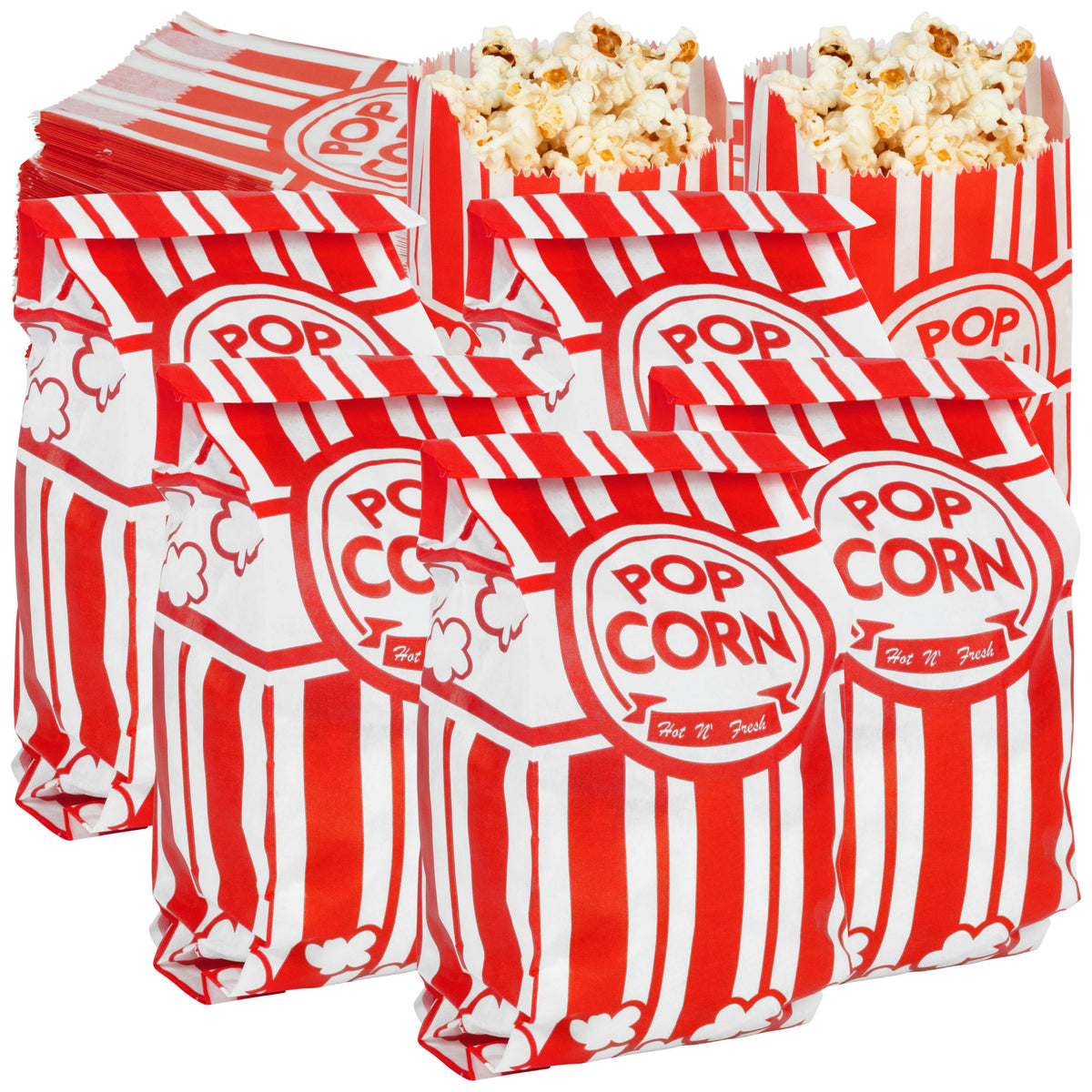 Red and white striped popcorn bags with "Pop Corn" text. One bag is open with popcorn spilling out. The scene evokes a classic cinema vibe.