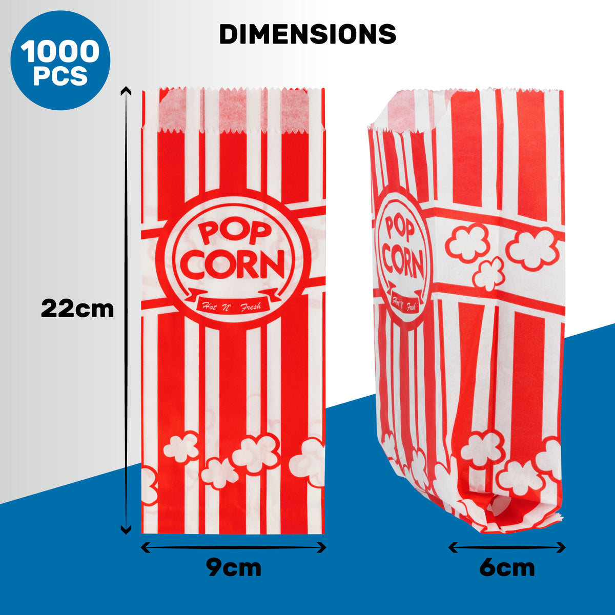 Red and white striped popcorn bag with "Pop Corn Hot N' Fresh" in a circle. Dimensions: 19cm tall, 7.5cm wide. Contains 100 pieces.
