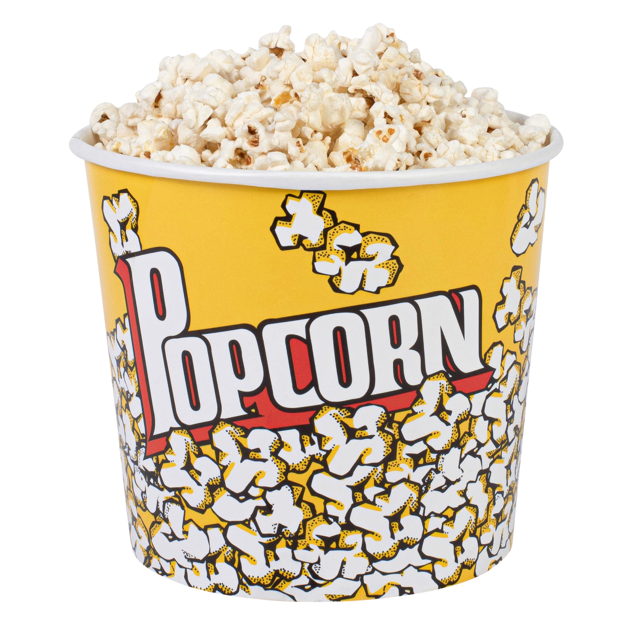 A yellow popcorn bucket filled with popped popcorn, featuring the word "Popcorn" prominently displayed on the front.