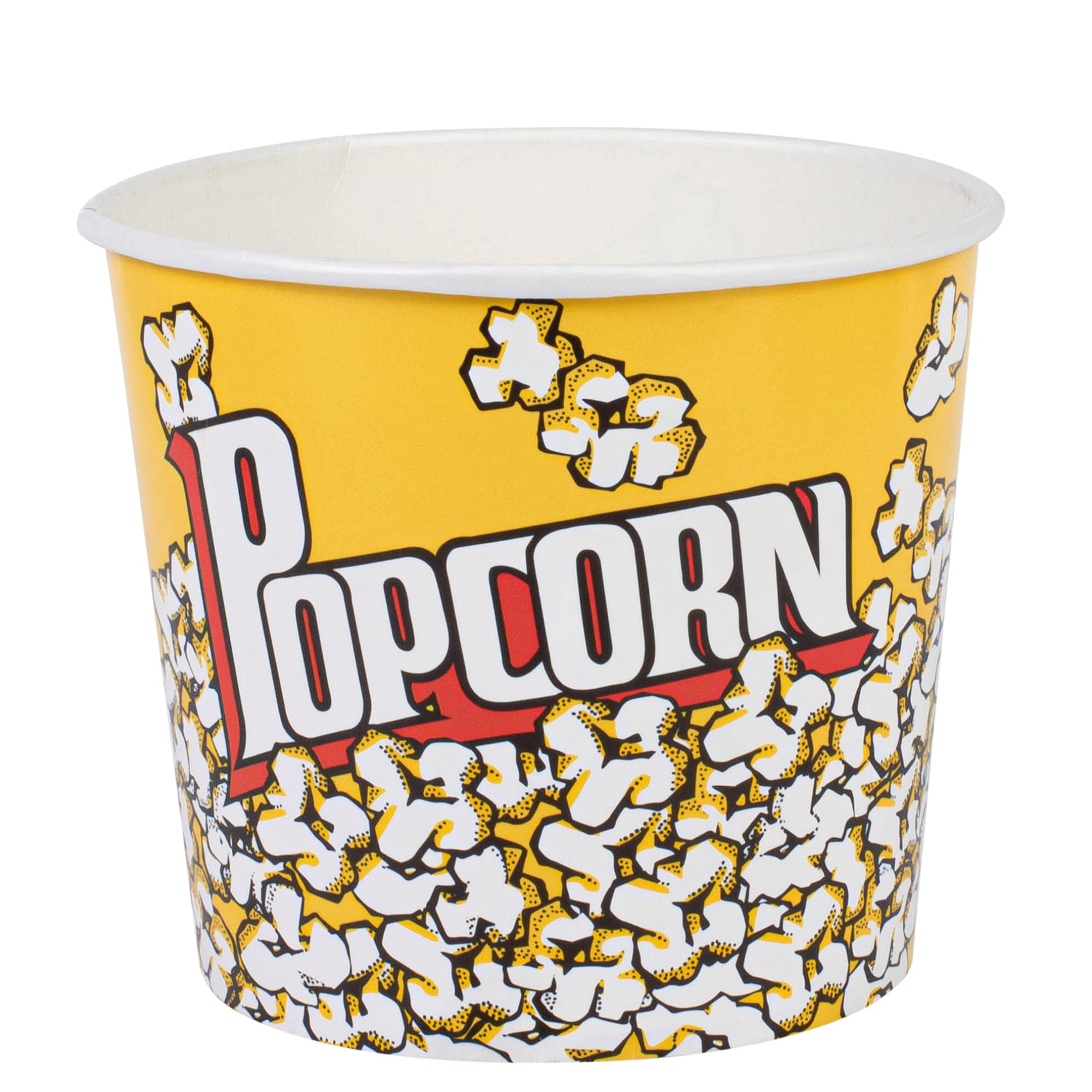 A yellow popcorn bucket with a red "Popcorn" label and popcorn graphic.