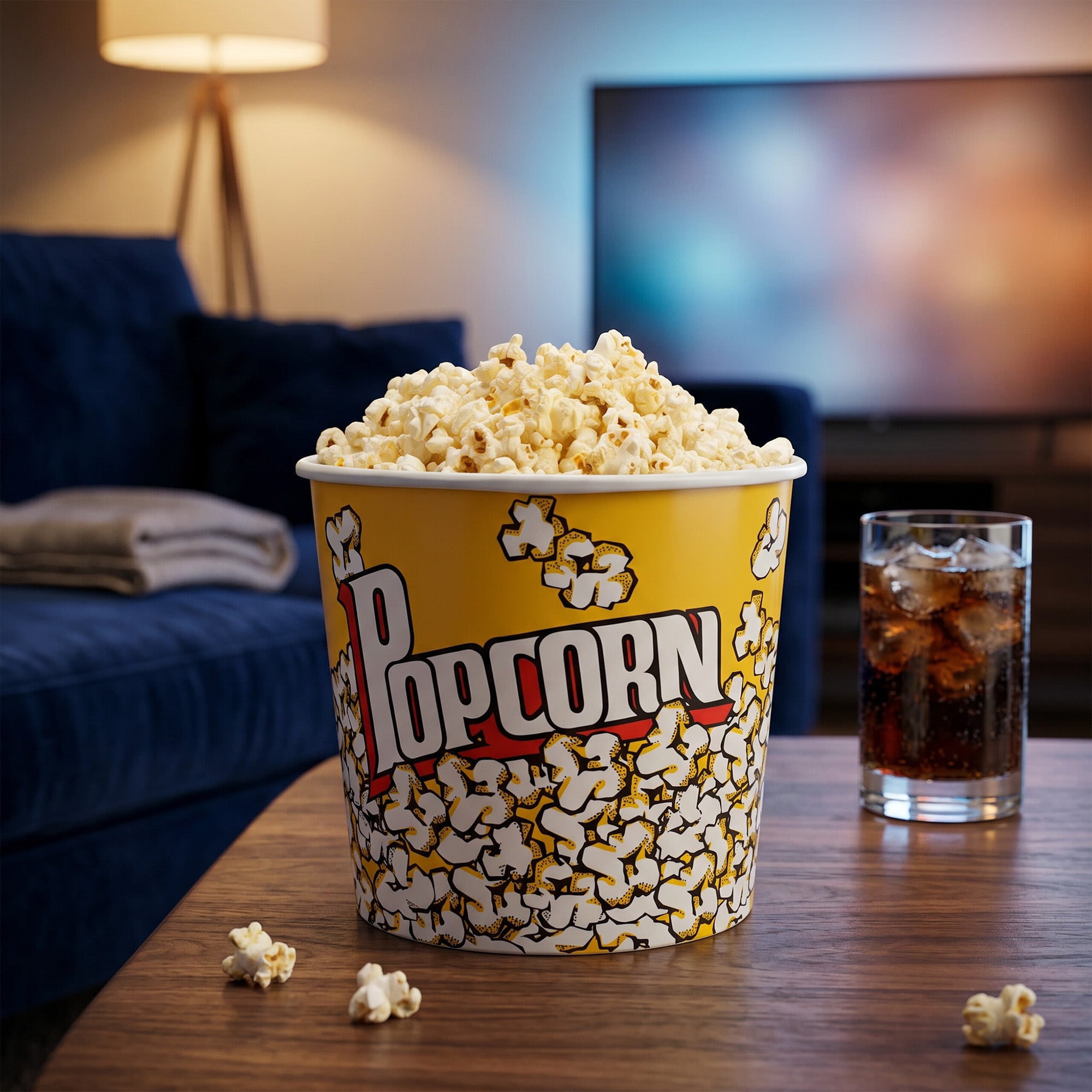 A large bucket of popcorn with a "Popcorn" label on it, placed on a wooden table next to a glass of soda, with a blue couch and television in the background.