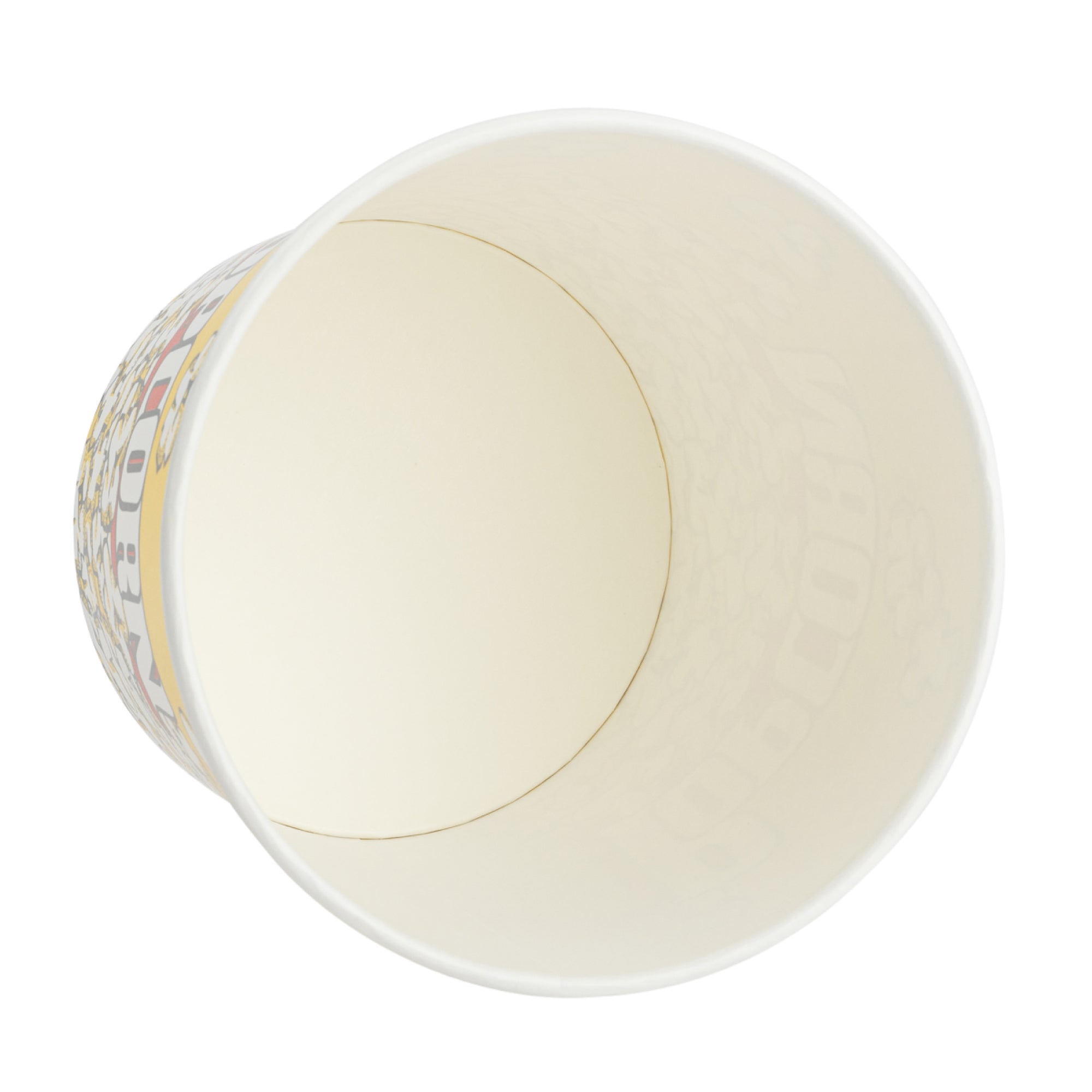 A plain white paper cup viewed from above, showing its empty interior.