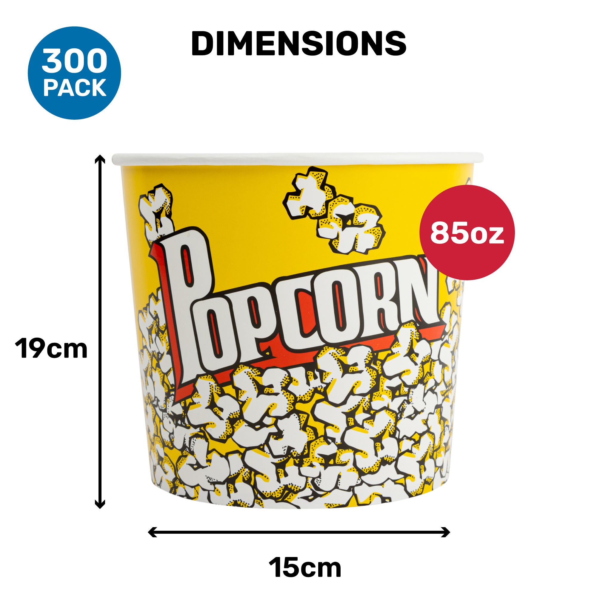A yellow popcorn bucket with a design featuring popcorn and the text "Popcorn" in red. The bucket has dimensions indicated as 19cm in height and 15cm in diameter, with a capacity of 85oz. There is also a label indicating it comes in a pack of 300.