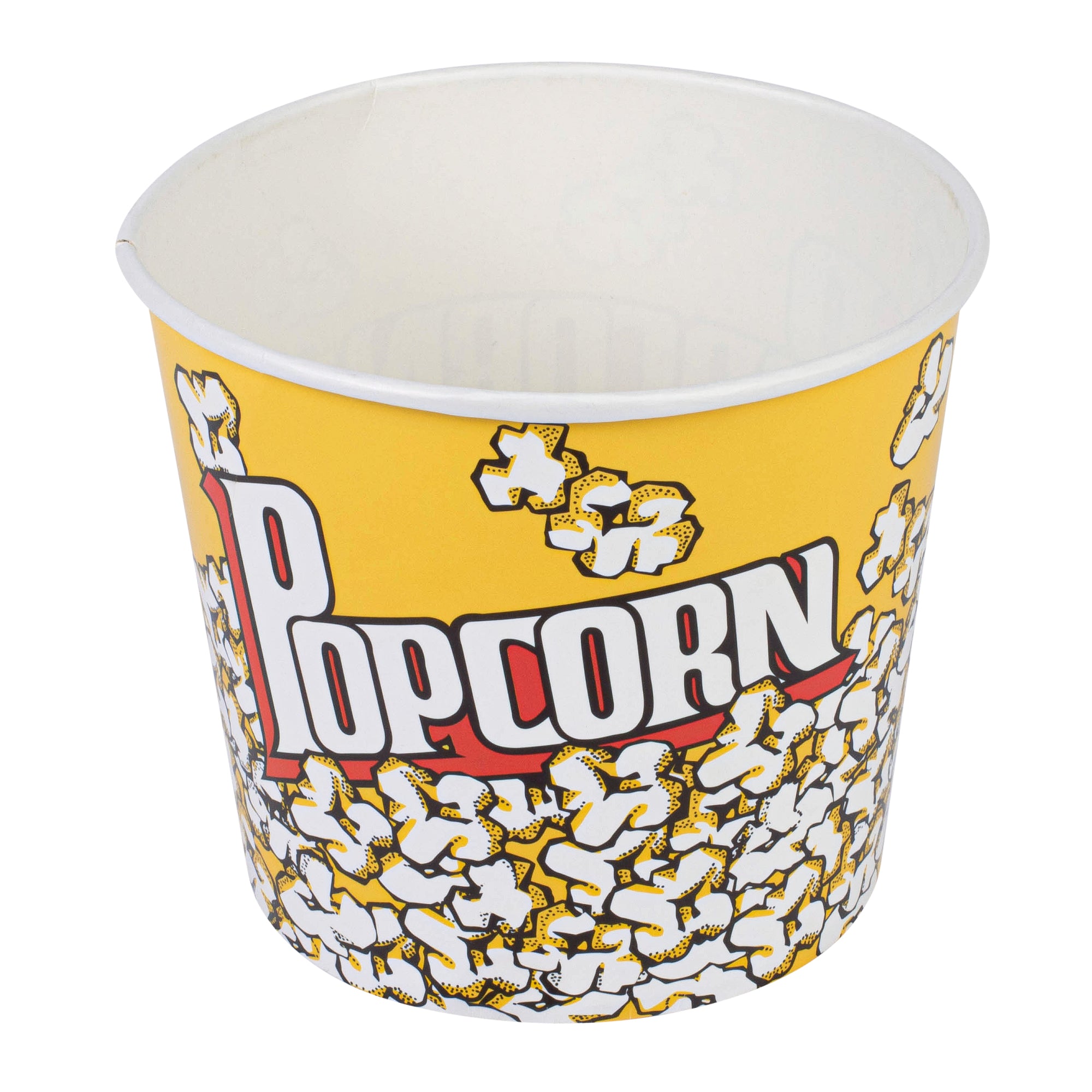 A yellow popcorn bucket with the word "Popcorn" printed on it, surrounded by popcorn graphics.
