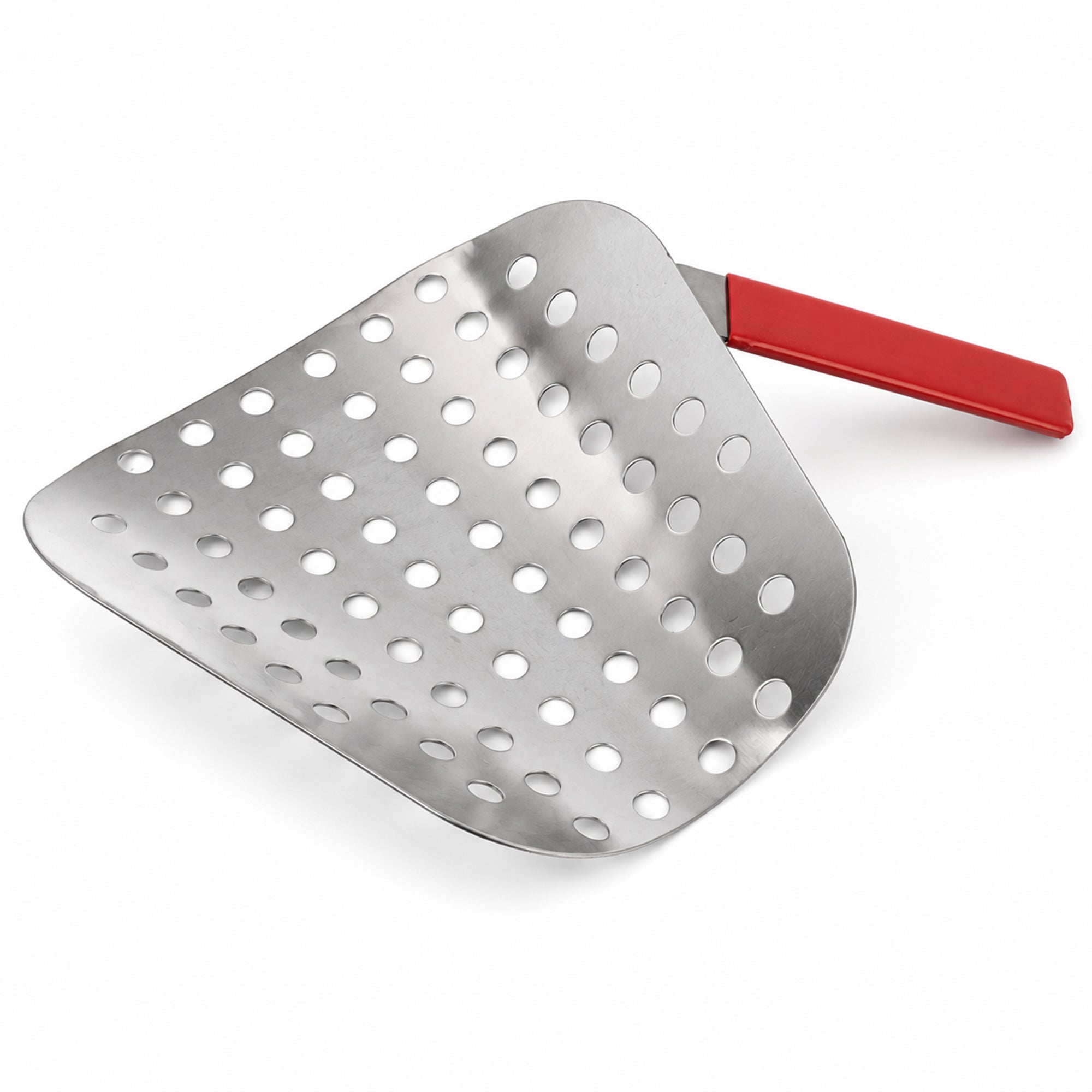 A stainless steel spatula with a red handle and multiple holes.