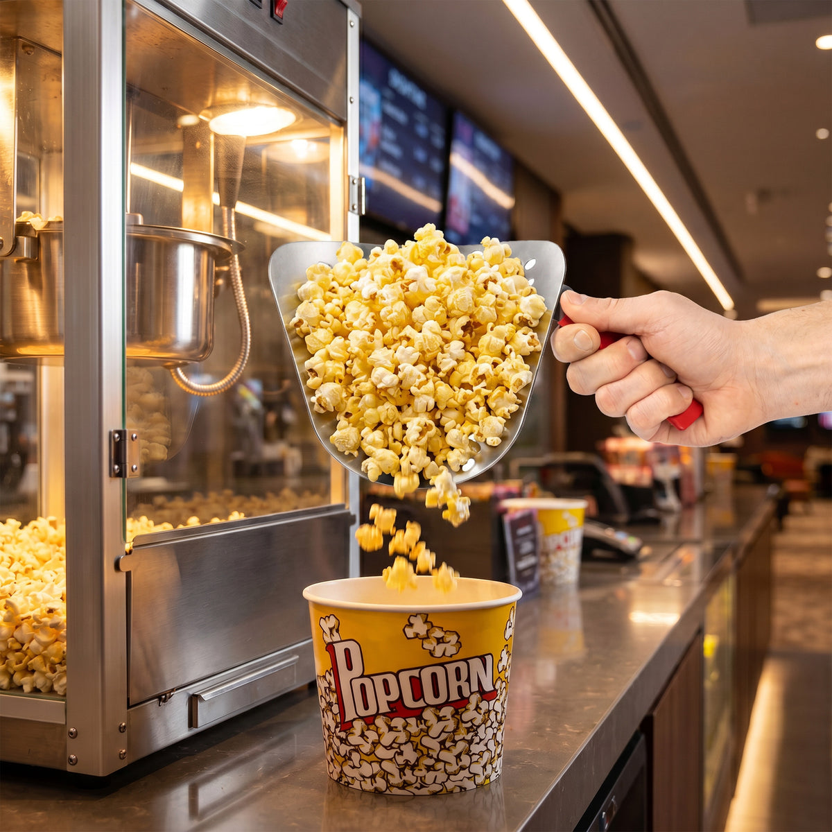 A hand using a scoop to transfer popcorn from a popcorn machine into a yellow popcorn container at a movie theater.