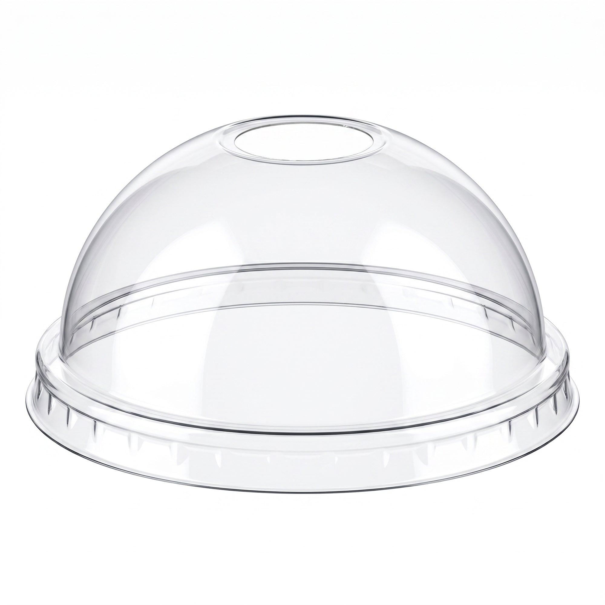 Clear, dome-shaped plastic cup lid with a central straw hole. The lid is transparent, showcasing a smooth, glossy texture against a white background.