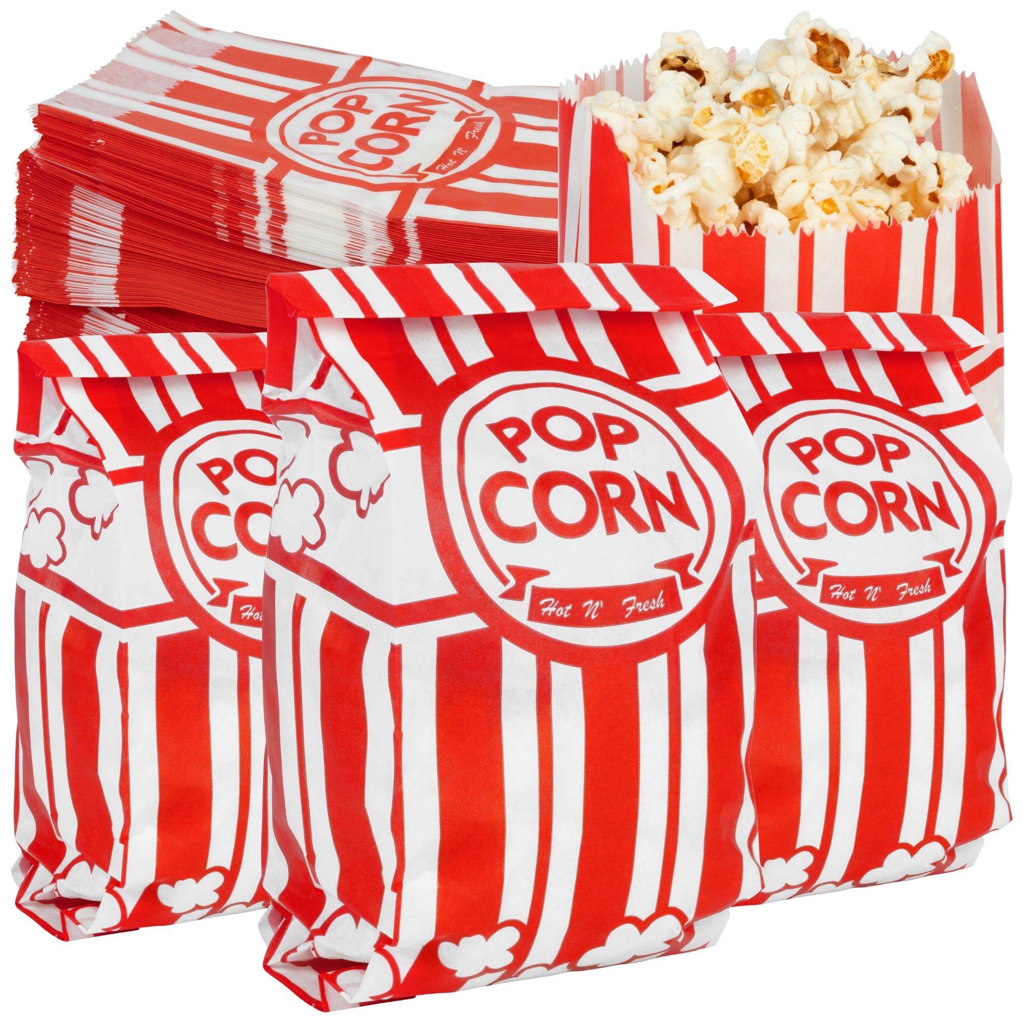 A stack of red and white striped popcorn bags and a popcorn box, all labeled "POP CORN."