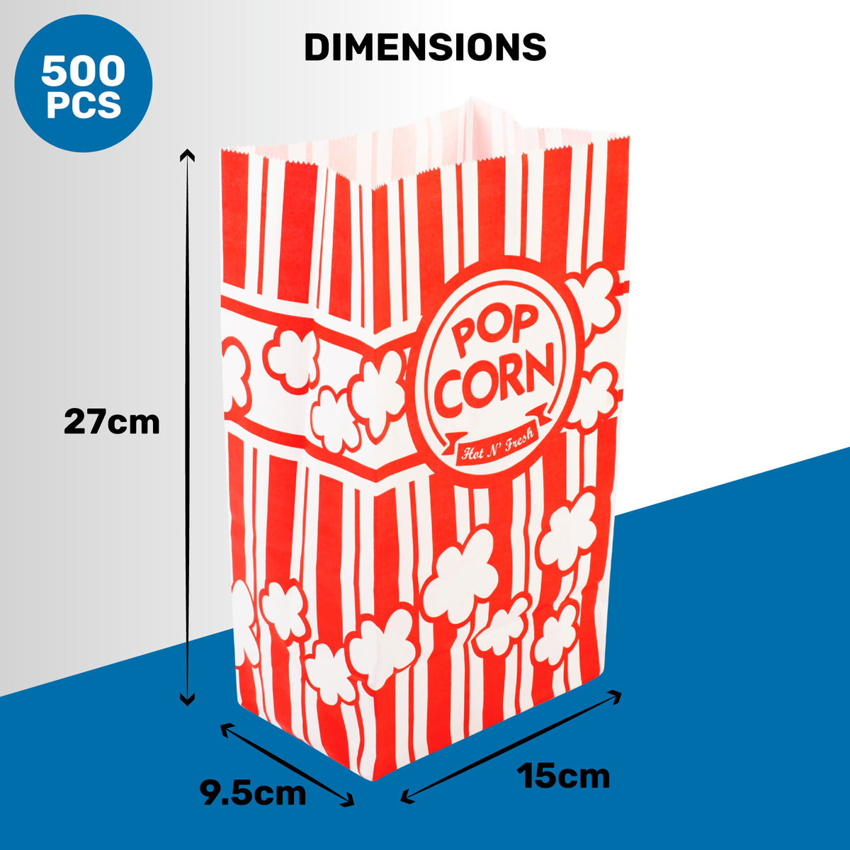 Popcorn bag with red and white stripes and popcorn graphics, dimensions 27cm height, 9.5cm width, 15cm depth.