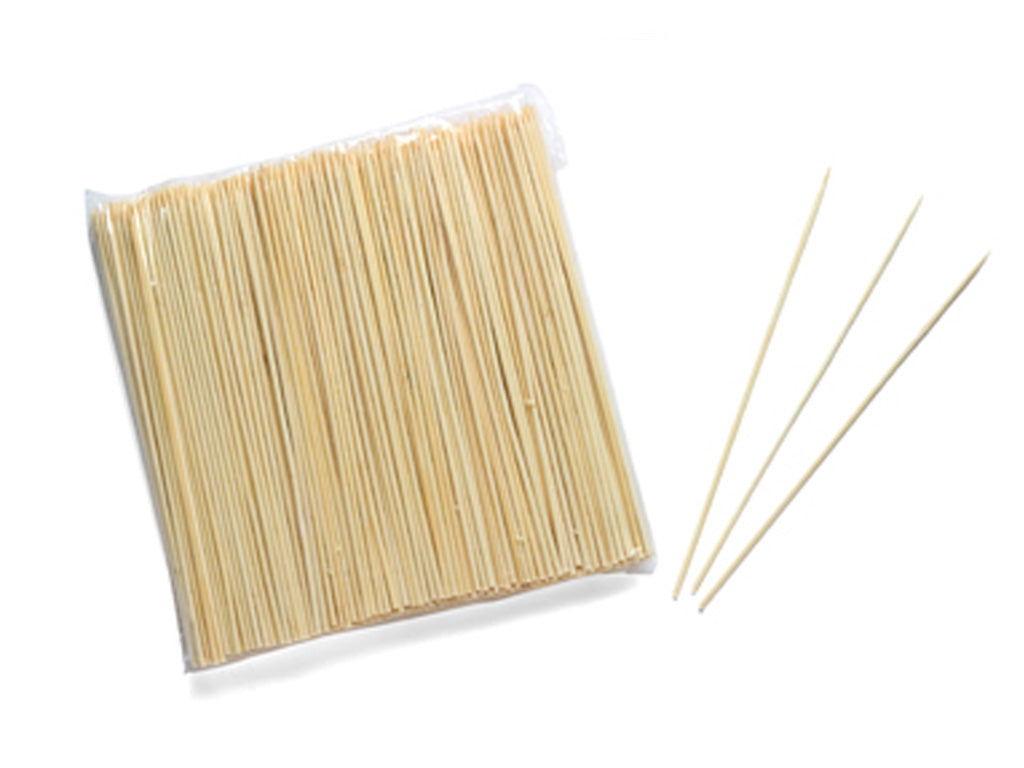 Pack of 180mm x 3mm natural bamboo skewers arranged neatly, with smooth, pointed ends, showcasing eco-friendly packaging labeled “200 per pack,” ideal for grilling and food presentation