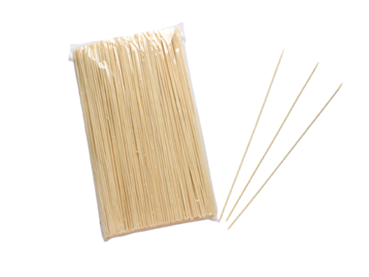 Bundle of 250mm x 3mm bamboo skewers arranged in bulk, showcasing their smooth, pointed design and natural finish, with eco-friendly packaging labeled “1000 per pack,” ideal for grilling and catering use.
