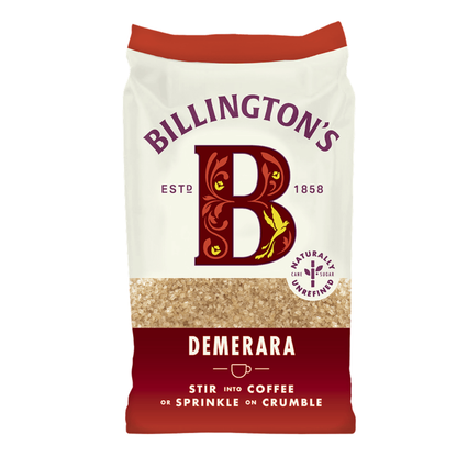 Billington’s Demerara naturally unrefined cane sugar in a white and red 3kg bag, featuring coarse golden sugar crystals and the Billington’s ‘B’ logo.