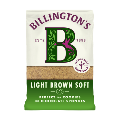 Billington’s Light Brown Soft naturally unrefined cane sugar in a white and green bag, showing fine soft brown sugar and the Billington’s ‘B’ logo.