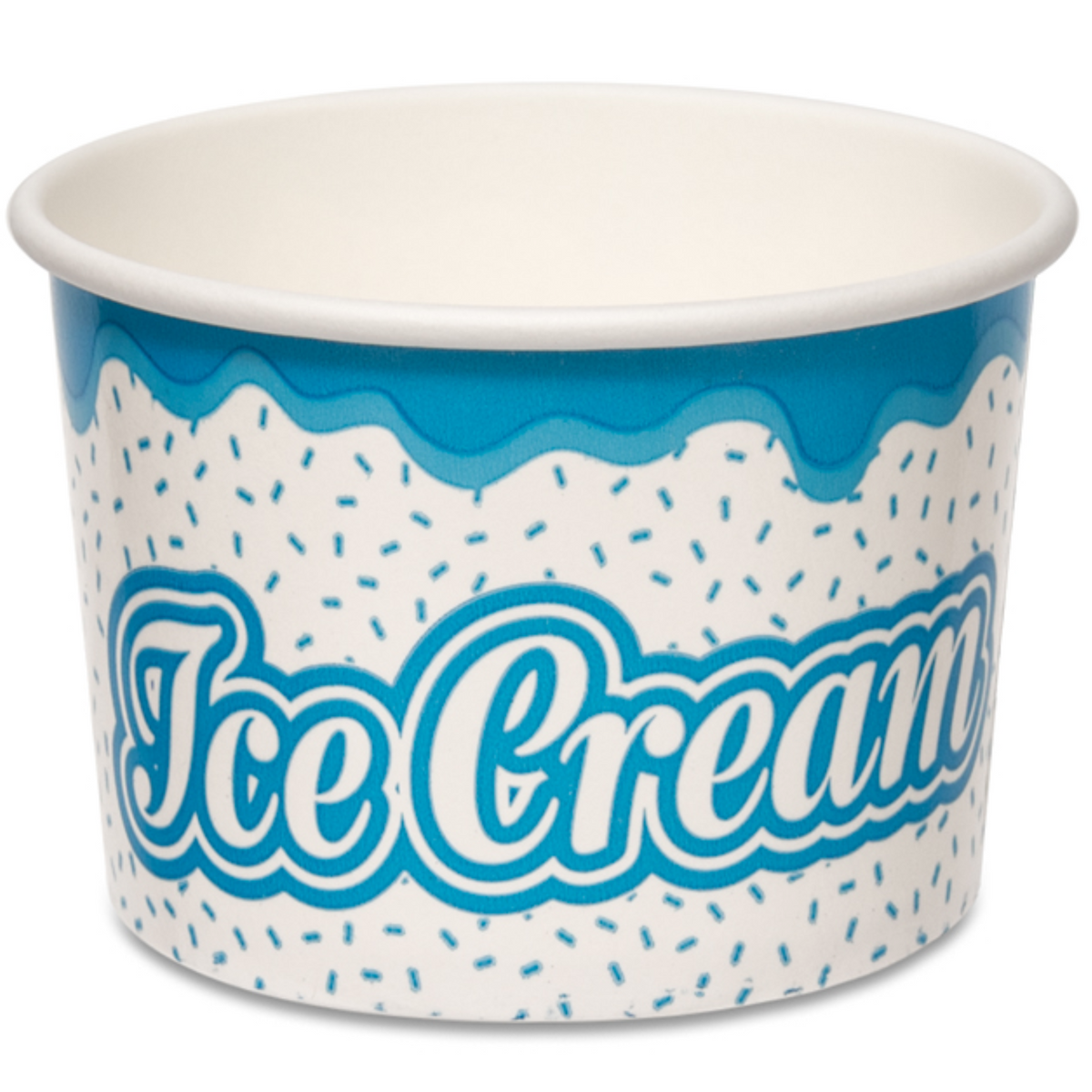 A white plastic ice cream tub with blue lid, featuring a blue and white pattern with the text 'Ice Cream' on the side.