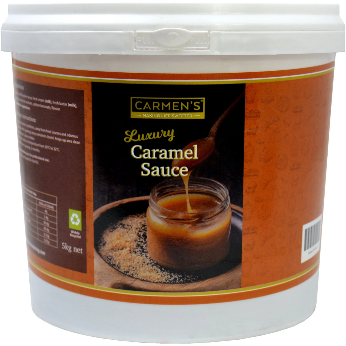 White 5 kg tub of Carmen’s Luxury Caramel Sauce, with a brown-and-orange label showing caramel being poured into a glass jar; appetizing product packaging.