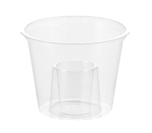 A clear plastic shot glass with a smaller inverted cup inside.