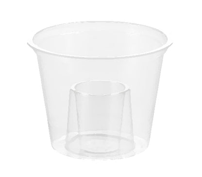 A clear plastic shot glass with a smaller inverted cup inside.