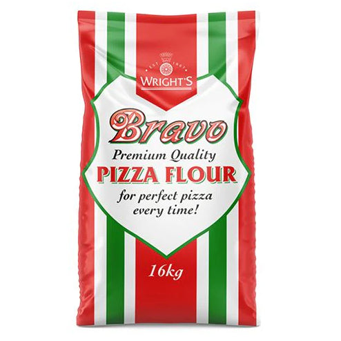 16kg bag of Wright's Bravo Premium Quality Pizza Flour, designed for professional pizza making with high elasticity and consistent performance, ideal for pizzerias and bakeries