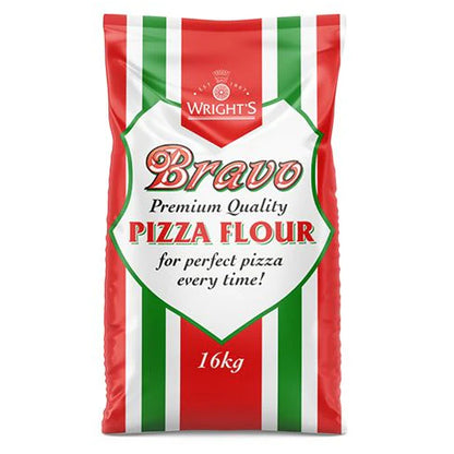 16kg bag of Wright's Bravo Premium Quality Pizza Flour, designed for professional pizza making with high elasticity and consistent performance, ideal for pizzerias and bakeries