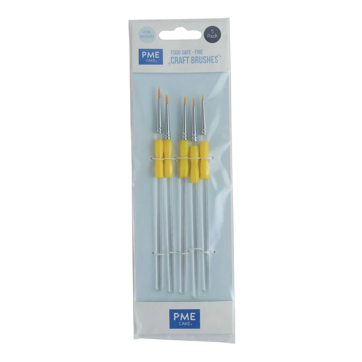 PME Care four fine craft brushes in a clear plastic hanging package with a light blue backing card. The brushes have clear handles, silver metal ferrules, and bright yellow ferrules.