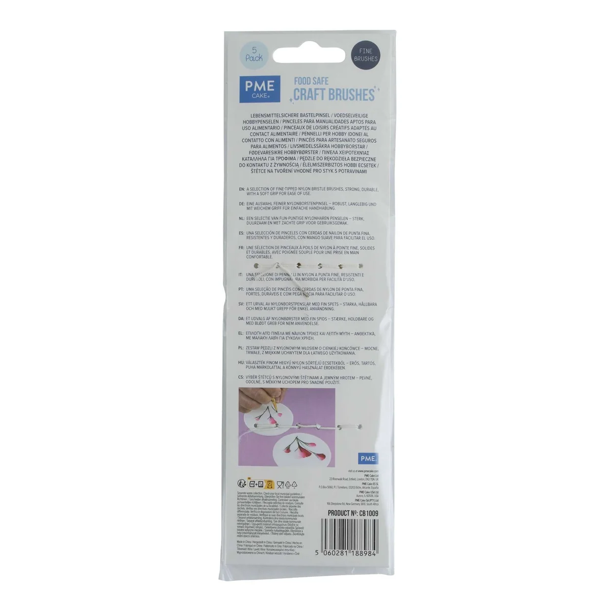PME Fine Safe Craft Brushes in a hanging plastic package, showing the back of the packaging with product details, text, and a small demonstration photo on a white background.