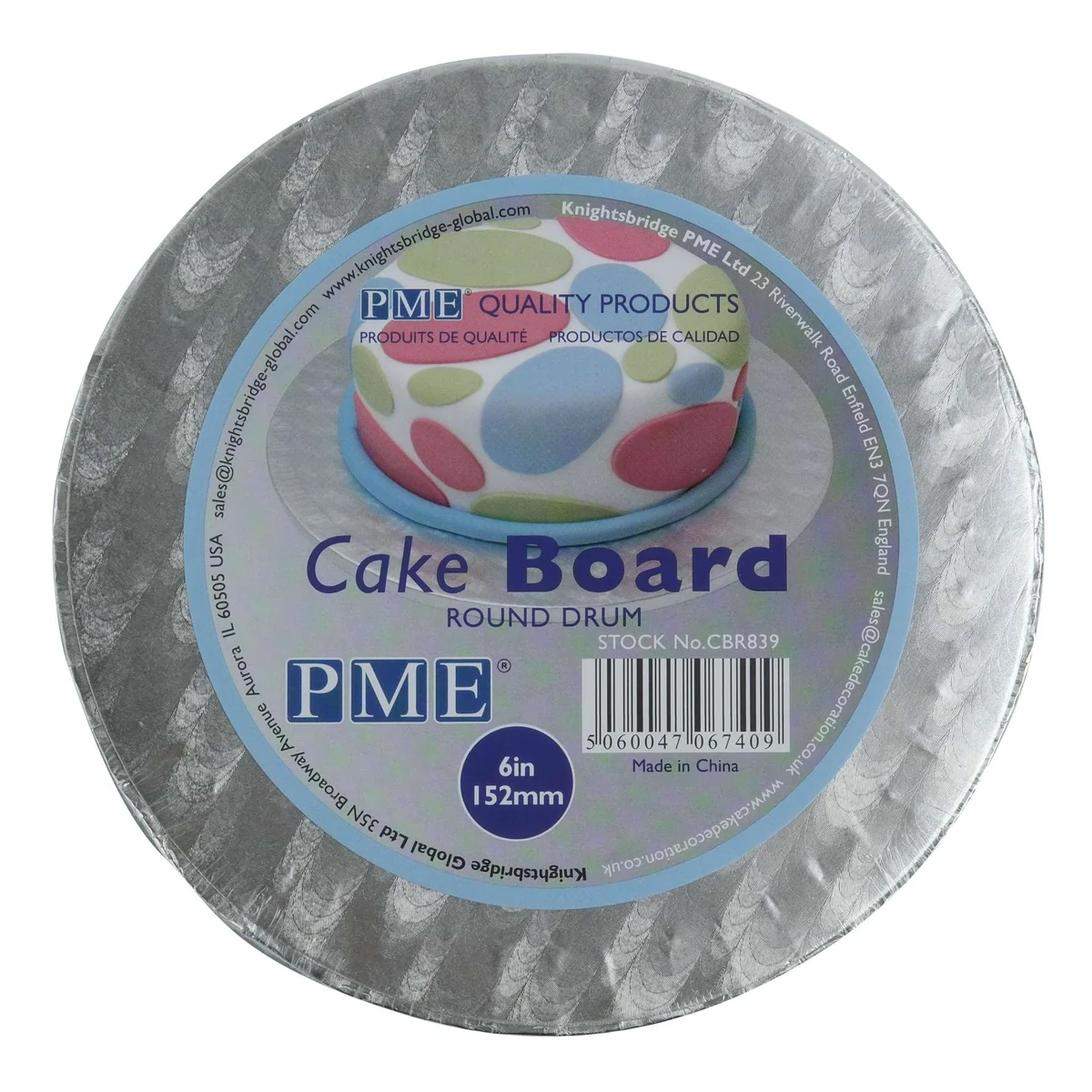 A round cake board with a silver metallic exterior and a blue, white, and pink label. The label features the brand name 'PME' and the text 'Cake Board ROUND DRUM'.