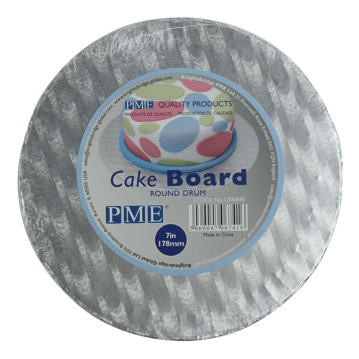A round silver cake board with a white and blue PME label in the center, photographed on a plain white background.