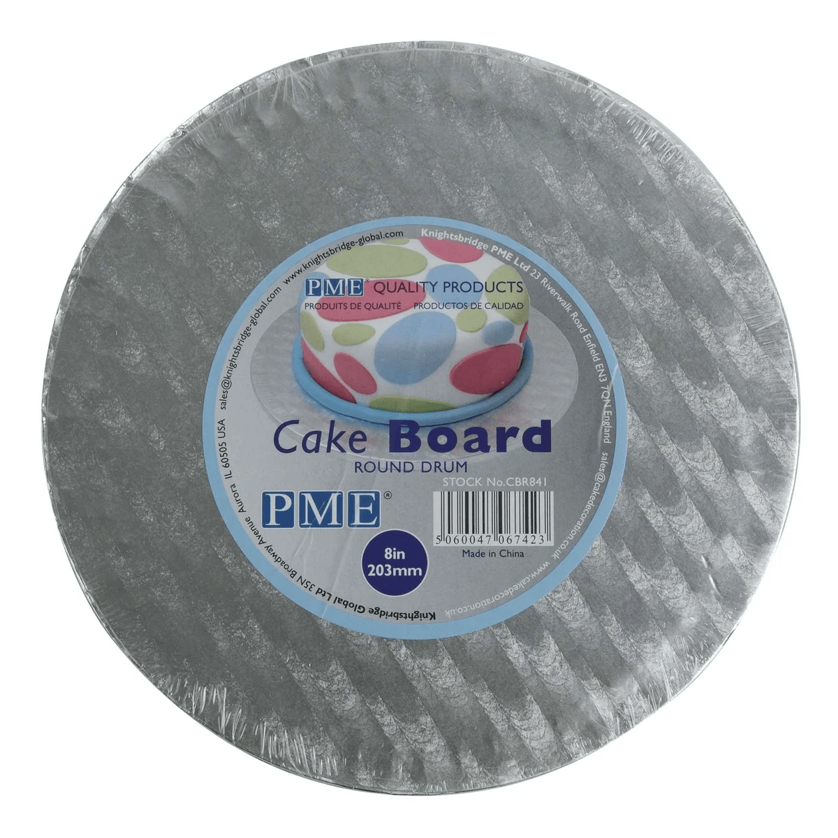 A round gray cake board with a central blue and white PME brand label, photographed on a plain white background.