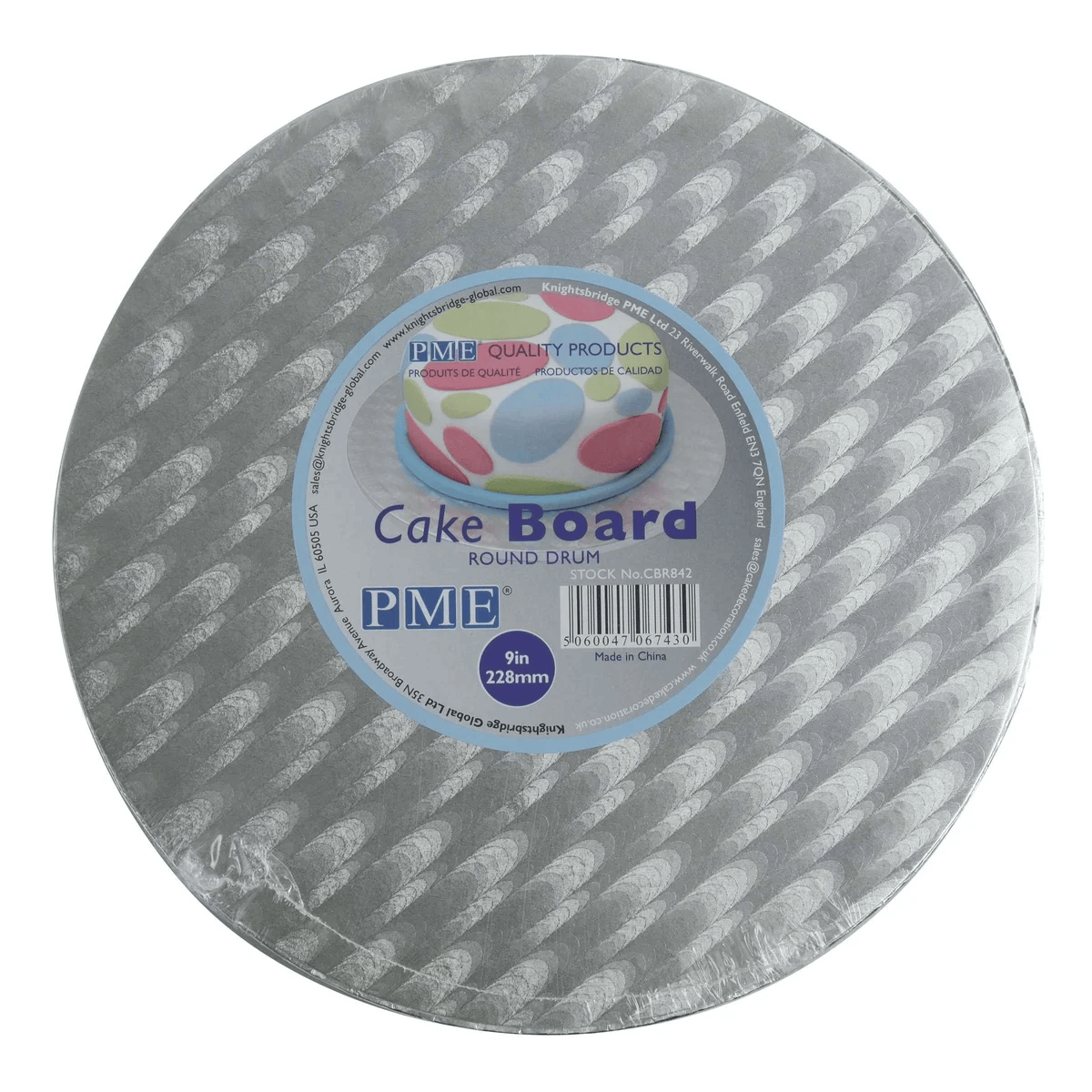 A round silver cake board with a textured diagonal pattern and a central blue and white PME label, shown on a plain white background.