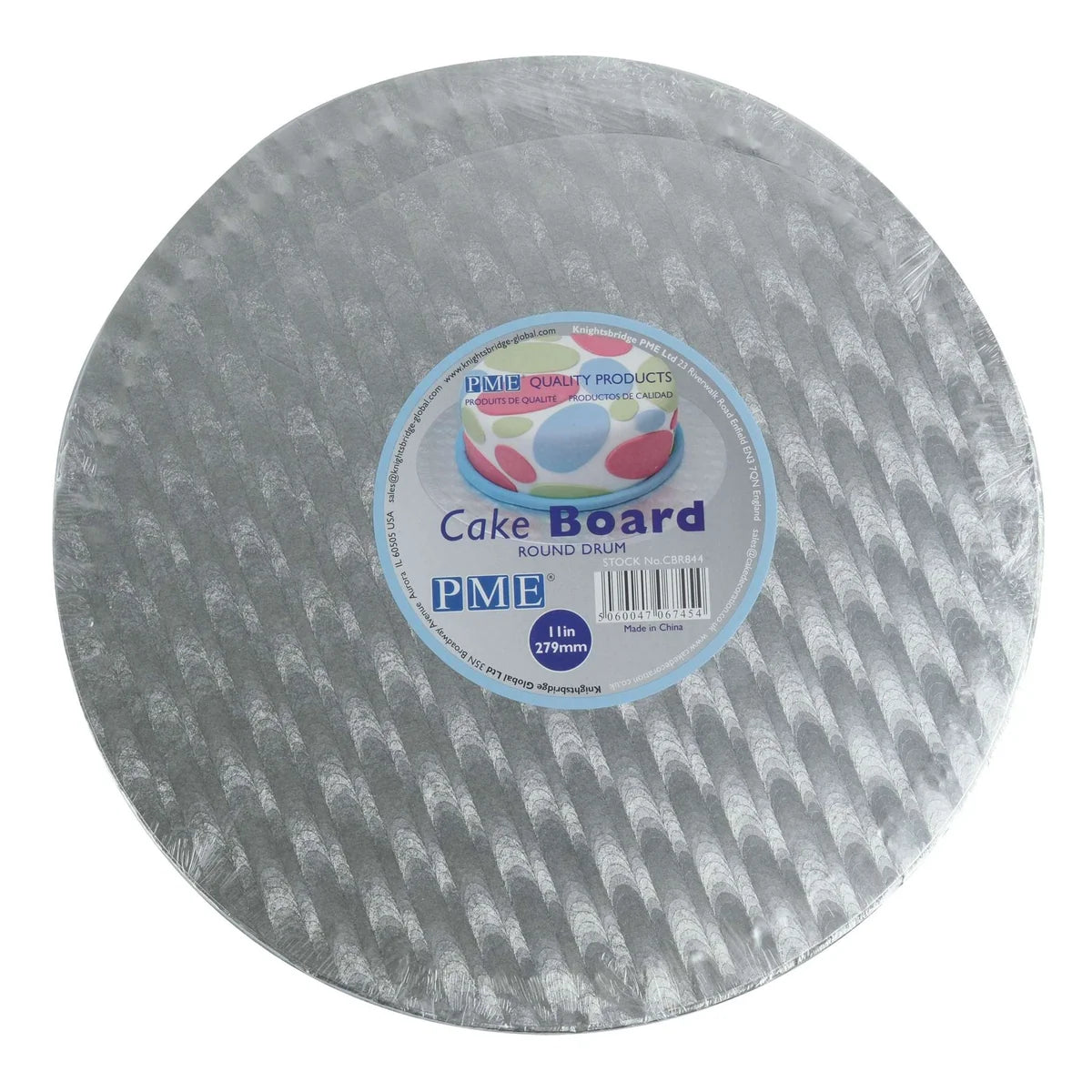 A round silver cake board with a textured pattern and a central white and blue label that reads 'Cake Board' and 'PME'.