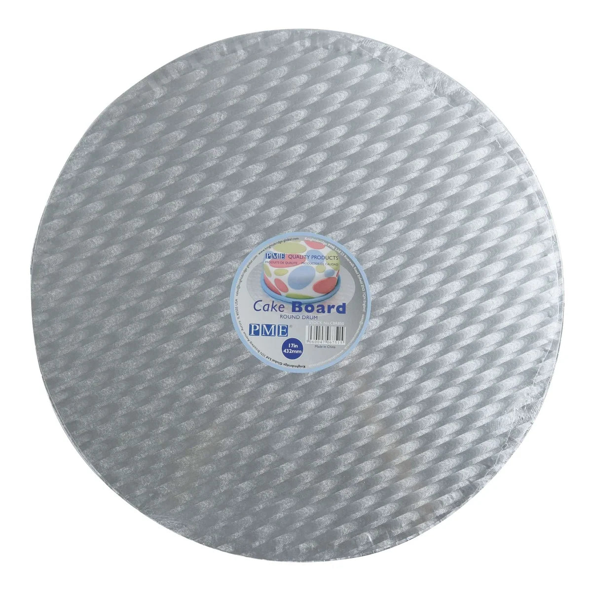A round silver cake board with a textured honeycomb pattern, featuring a central circular label that reads 'Cake Board'.