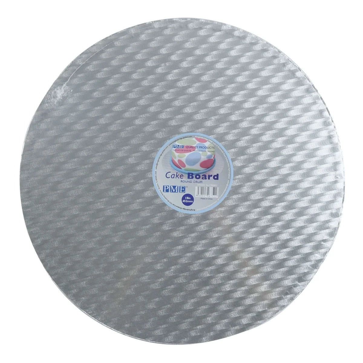 A round silver aluminum cake board with a textured honeycomb pattern and a central white and blue label, shown on a plain white background.
