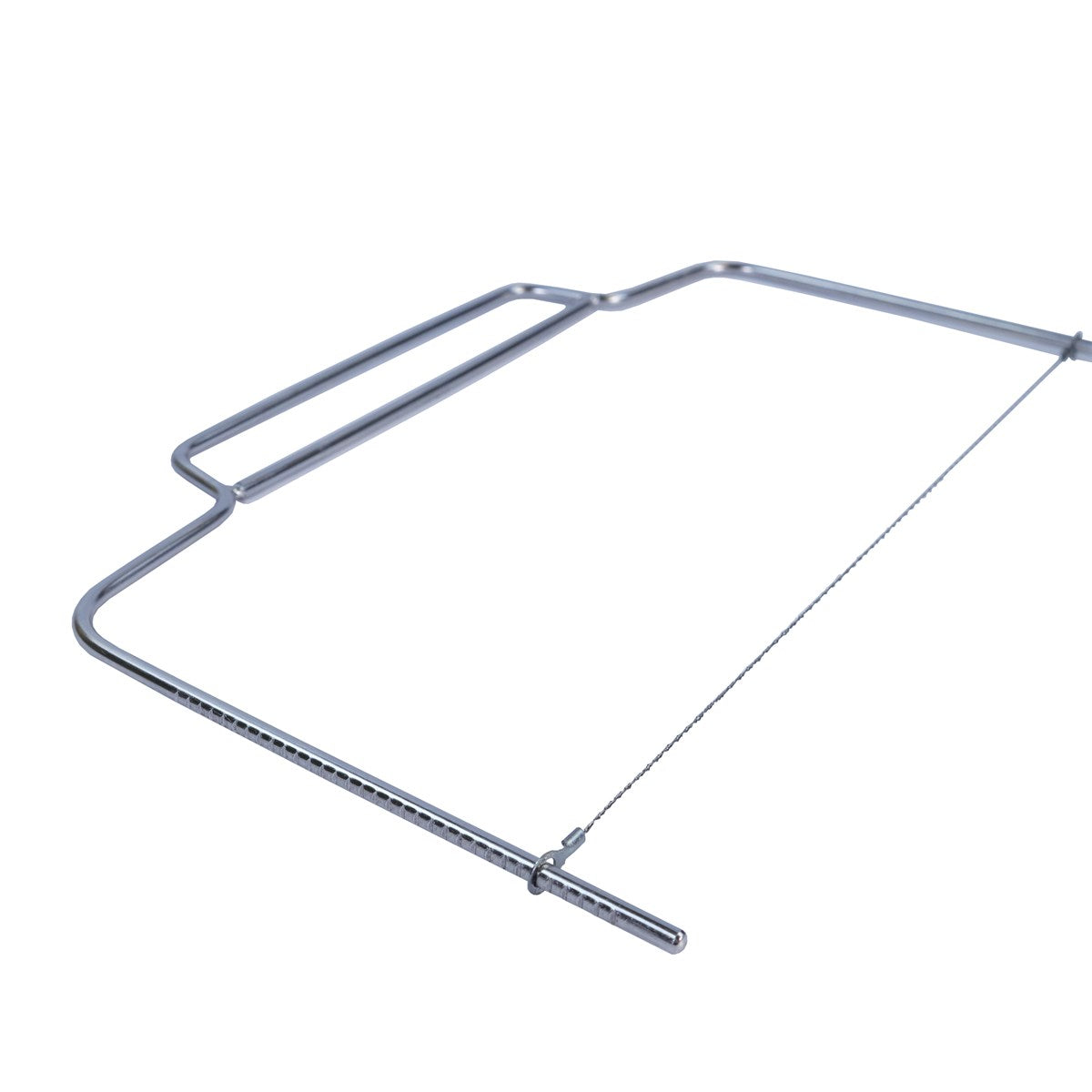 A silver metal cheese slicer with a thin wire is set against a white background. The slicer has an adjustable handle, conveying a sleek, utilitarian design.