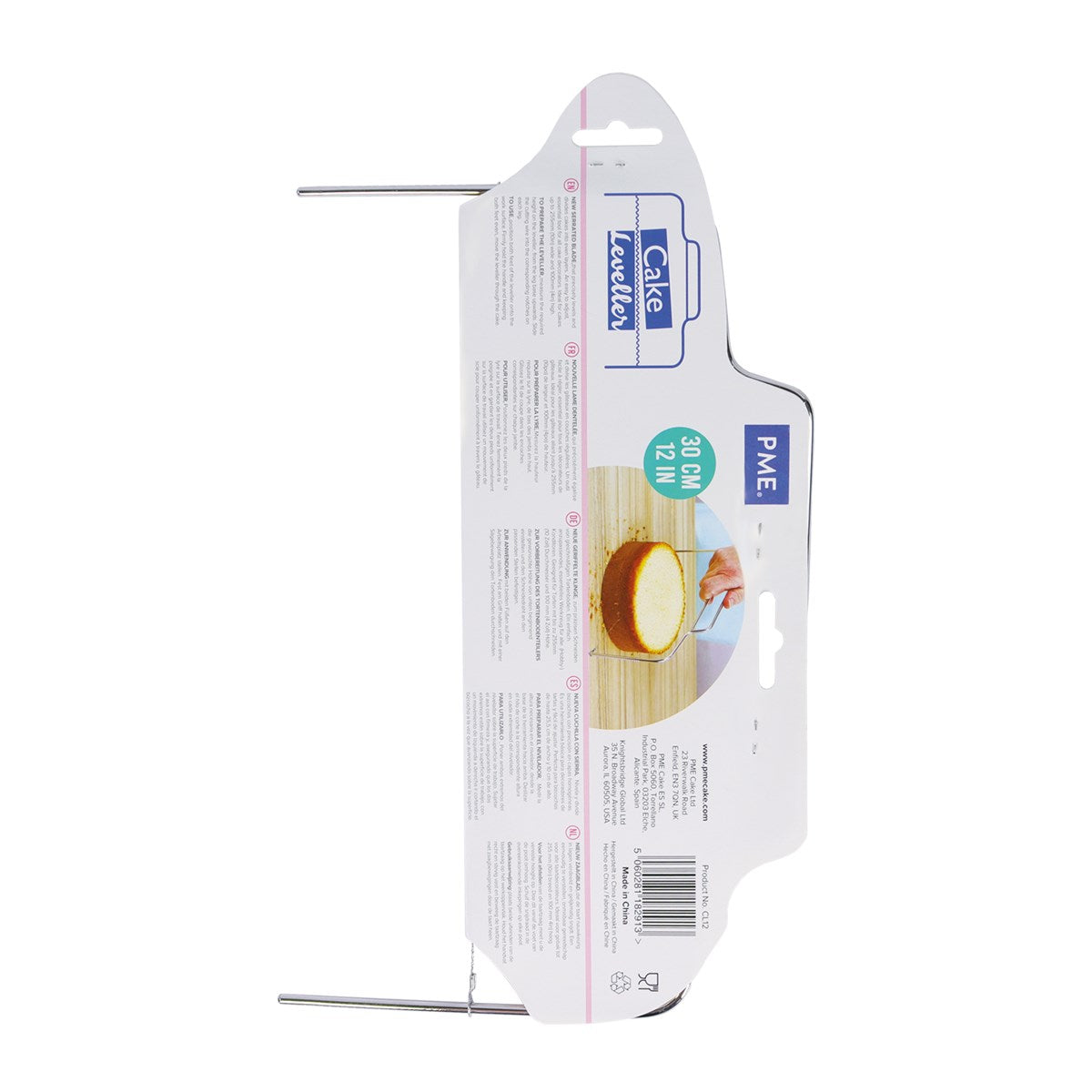 Packaging for a 30 cm cake leveler by PME. Features a hand slicing a cake, with text detailing product use. White and blue color scheme.