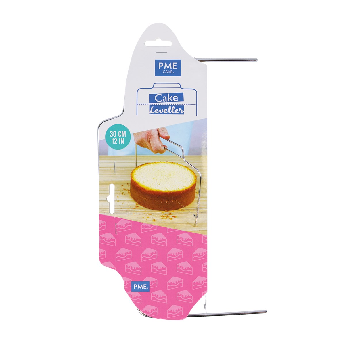 Packaging for a PME Cake Leveller, showing a tool slicing a cake evenly. The label reads "30 CM, 12 IN," and features a pink pattern with cake icons.