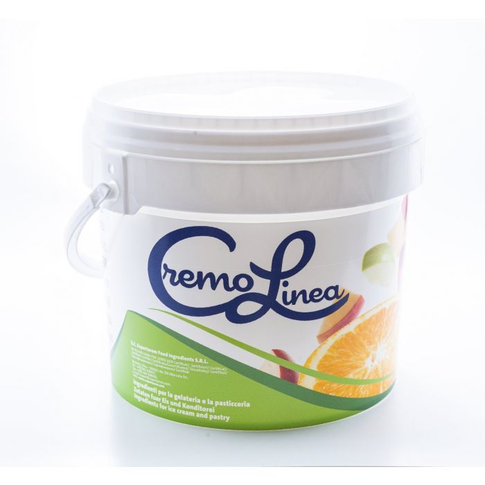 A white plastic tub with a handle labeled “Cremo Linea,” featuring a clean design with an image of an orange slice and fruit accents on the front. The container appears to be a food ingredient product used for ice cream or pastry preparation.