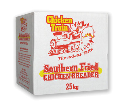 White box of "Chicken Train" Southern Fried Chicken Breader, featuring a red train illustration with a rooster. The package is labeled 25kg.