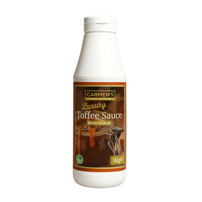 1kg squeezy bottle of Toffee Sauce, gluten-free dessert topping ideal for waffles, crêpes, ice cream, and milkshakes.