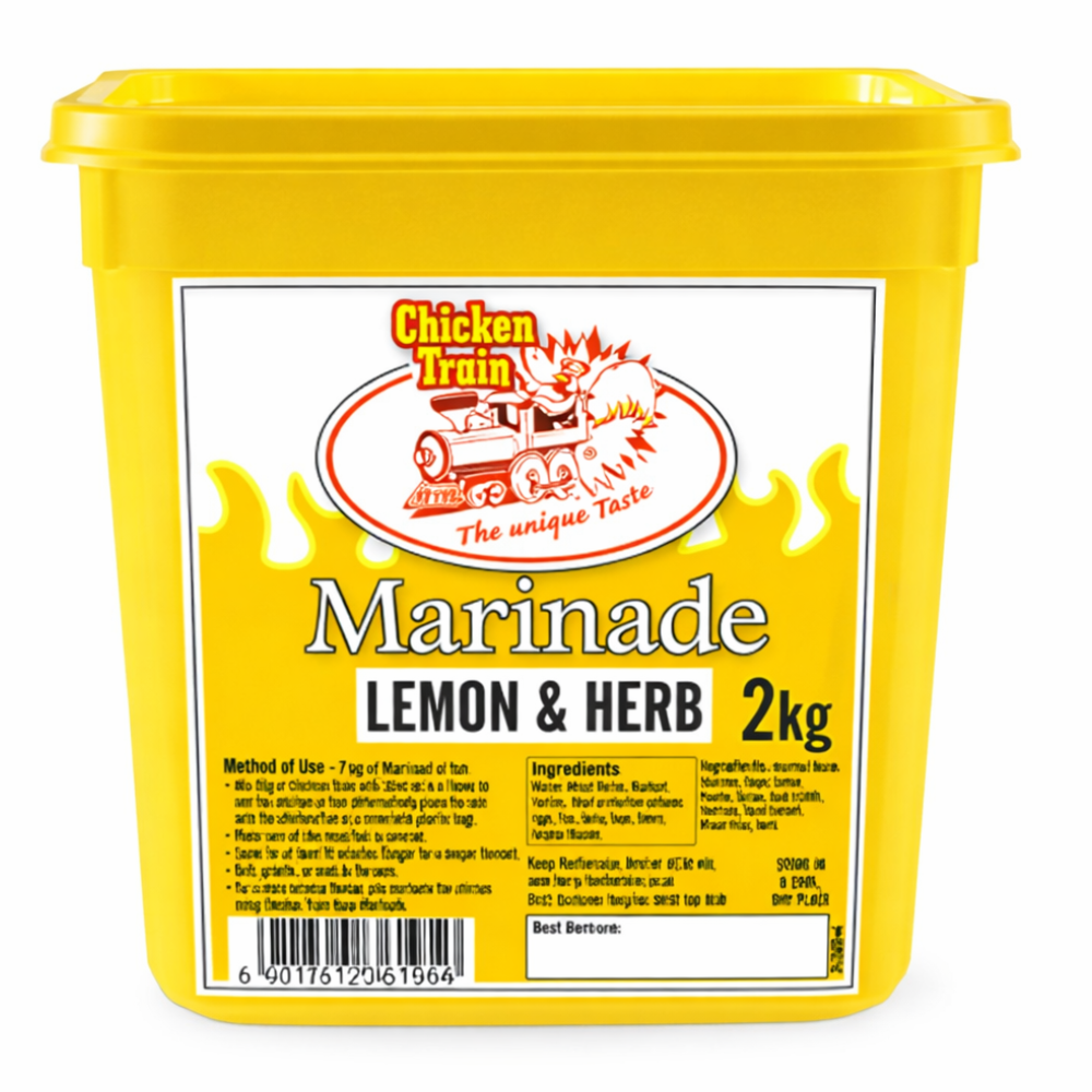 2kg yellow plastic tub of Chicken Train Lemon & Herb Marinade with flame design label, Chicken Train logo featuring a chicken on a train, bold “Marinade Lemon & Herb” text, ingredients and usage instructions, barcode, and Best Before box on the front.