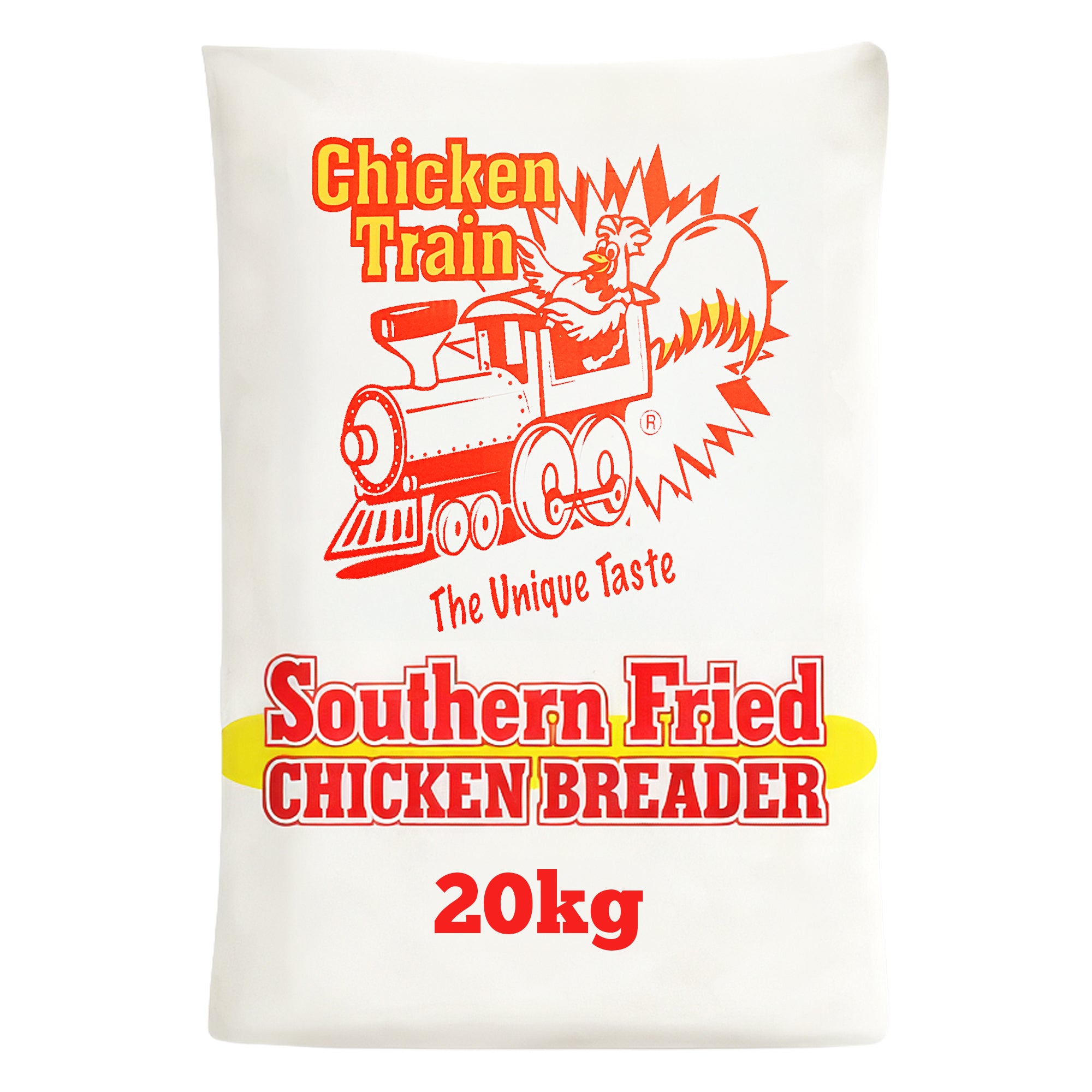 A 20kg bag of Southern Fried Chicken Breader from Chicken Train, featuring a graphic of a train with a chicken on top and the text "The Unique Taste."
