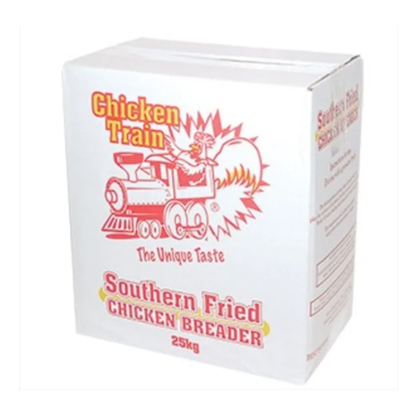 White box of "Chicken Train" Southern Fried Chicken Breader, featuring a red train illustration with a rooster. The package is labeled 25kg.