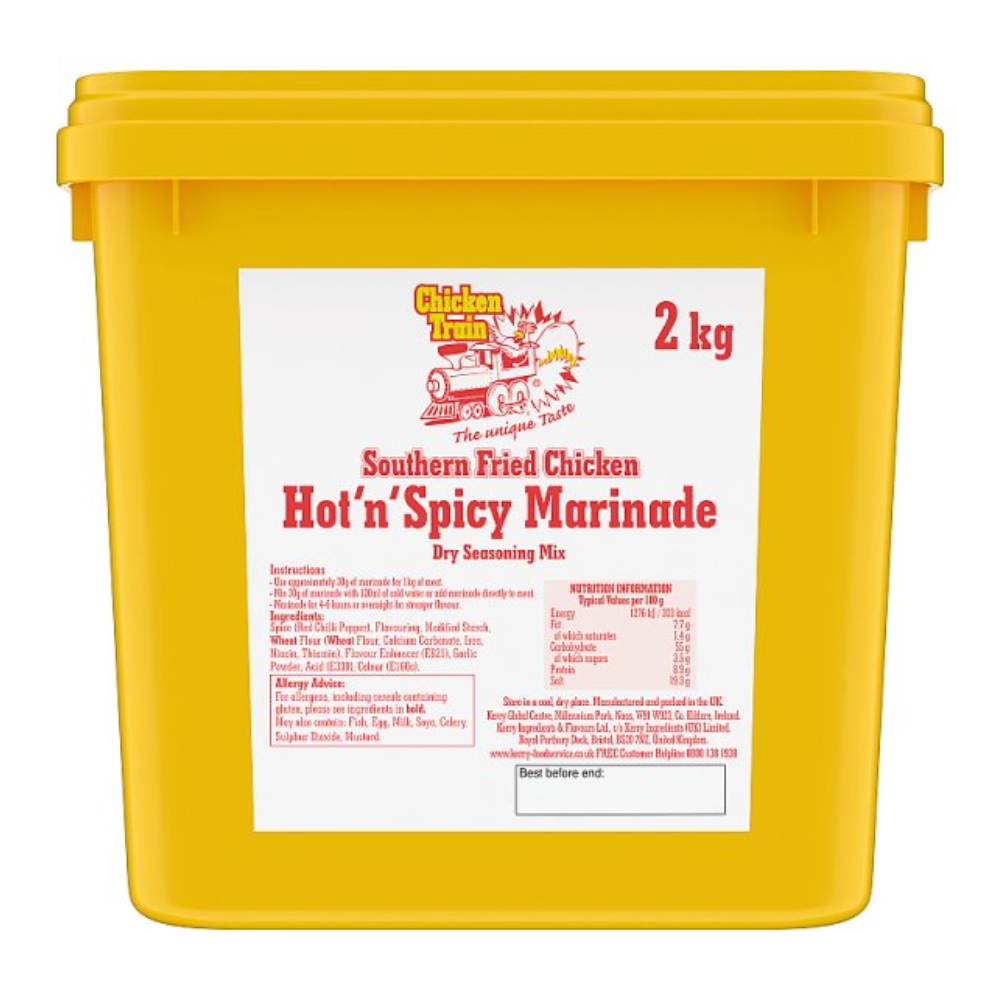 Large yellow 2 kg tub of Chicken Train Southern Fried Chicken Hot'n'Spicy Marinade dry seasoning mix.