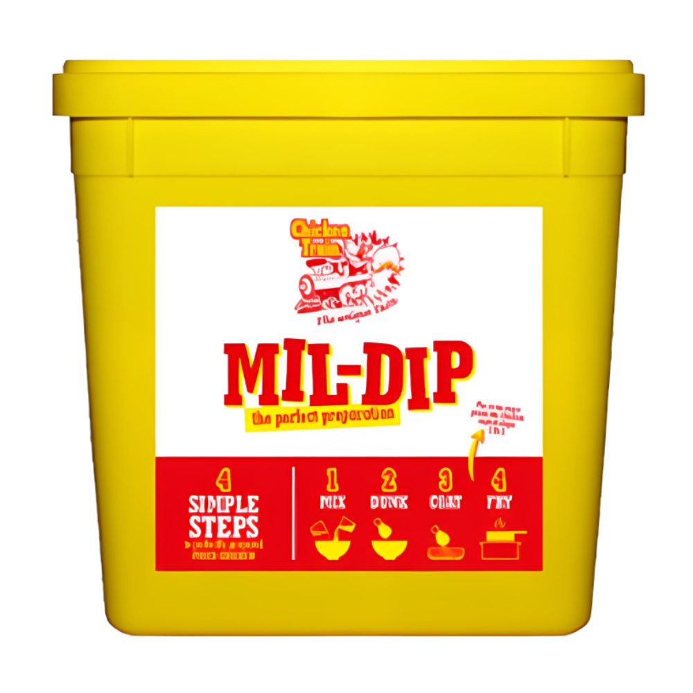 Large yellow plastic container for "MIL-DIP" breading mix featuring the Chicken Train logo and four illustrated steps: Mix, Dunk, Coat, Fry.