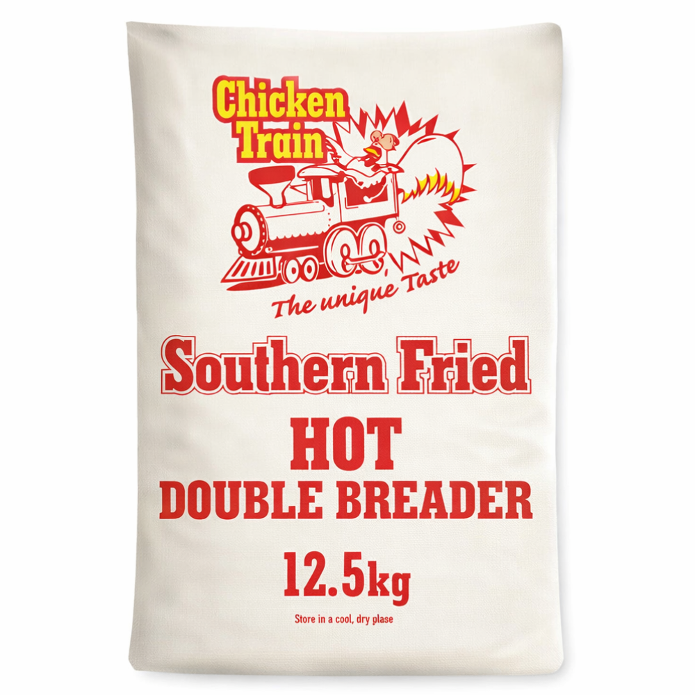 White 12.5kg sack of Chicken Train Southern Fried Hot Double Breader with red and yellow branding, featuring a cartoon train with a rooster and the text “The Unique Taste” printed on the front.