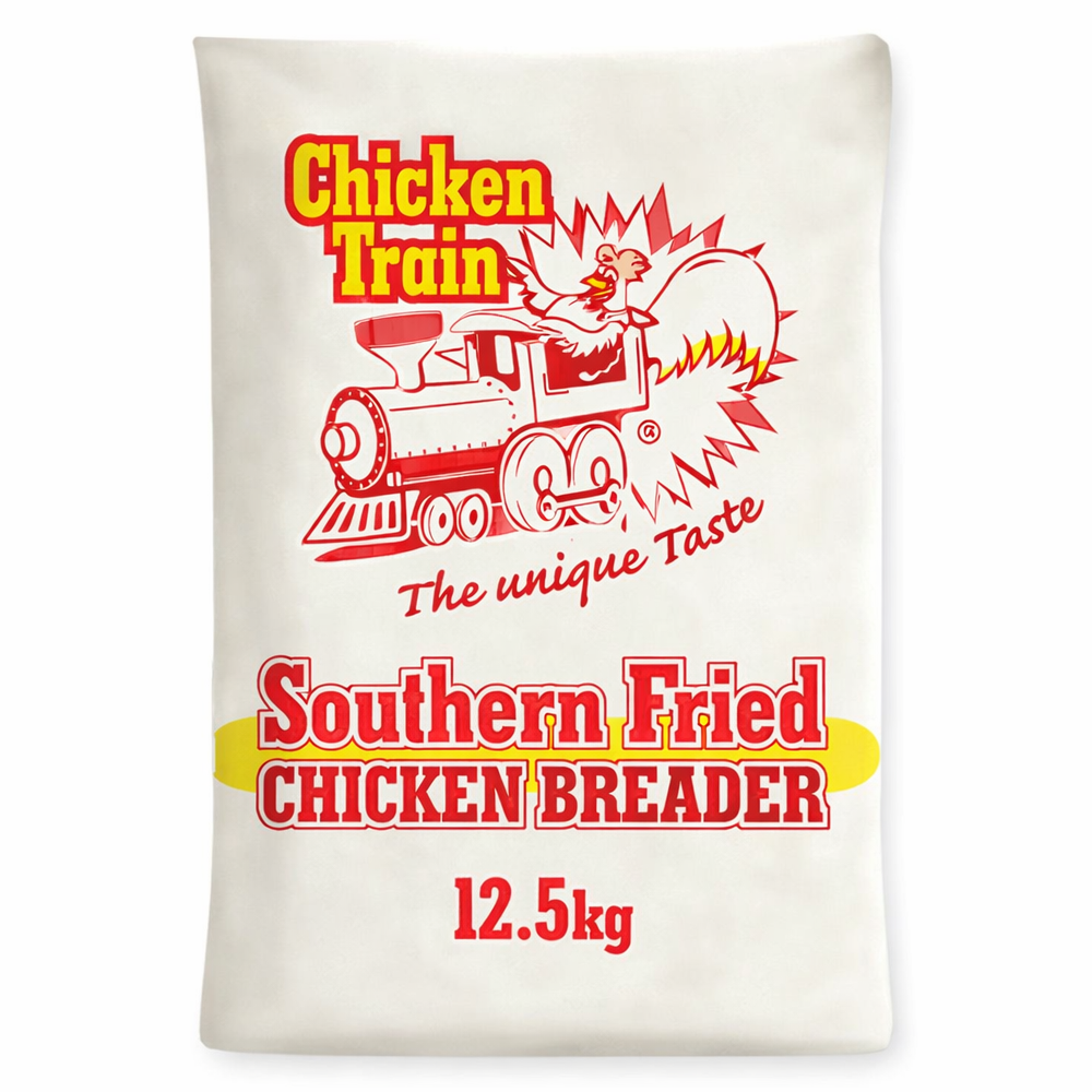 12.5kg bag of Chicken Train Southern Fried Chicken Breader featuring a red and yellow logo with a cartoon chicken riding a steam train, “Southern Fried Chicken Breader” text in bold red lettering, and “The unique taste” slogan on a cream-colored bag.