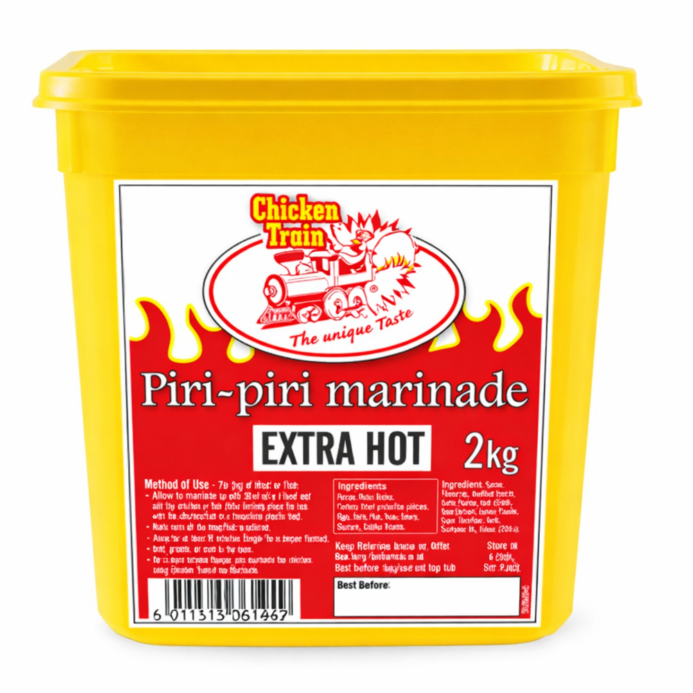 2kg yellow plastic tub of Chicken Train Piri-Piri Marinade (Extra Hot) with a red flame design label, Chicken Train logo featuring a chicken on a train, bold “EXTRA HOT” text, ingredients and usage instructions, barcode, and Best Before box on the front.